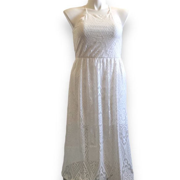 NWT Lily Rose | Halter High Neck White Maxi Dress w/ Lace Overlay | Sz Juniors L - Picture 2 of 16